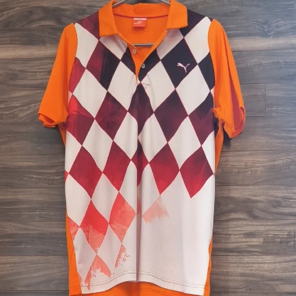 PUMA Golf "Sample" Argyle Polo Shirt - Men's Medium - Rare Orange & White - Picture 2 of 8